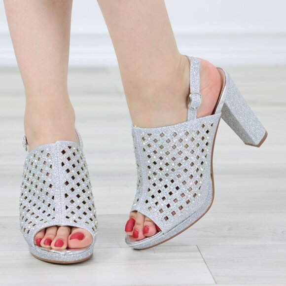 Sparkly Rhinestone Glitter Silver Platform High Heels Open Toe Party Shoes - Picture 2 of 14